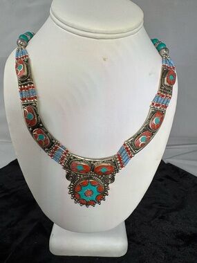 Tibetan Turquoise and Coral Inlay Statement Necklace - Women Jewelry